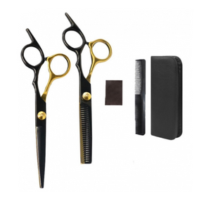 Hairdressing Set, 2 Steel Scissors, Comb, Velvet Cloth, Case, Black