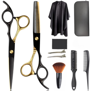 Hairdressing Set, 2 Steel Scissors, Comb, Velvet Cloth, Case, Black