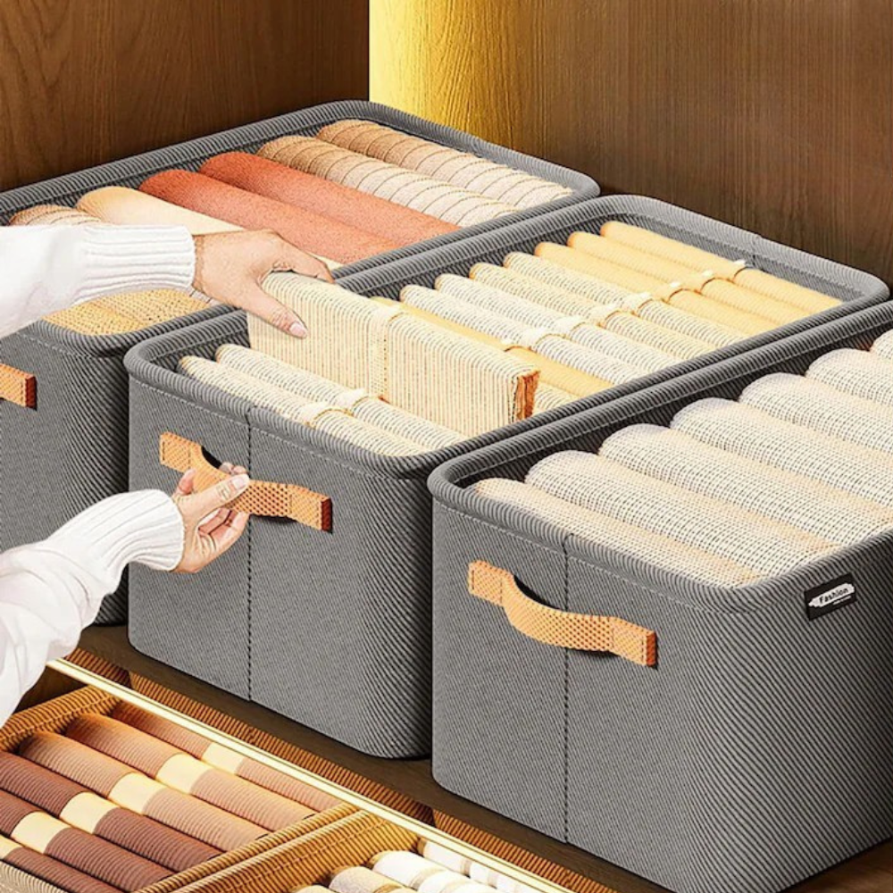 Clothes Storage Box, Metal Frame, Textile Material, with Handles
