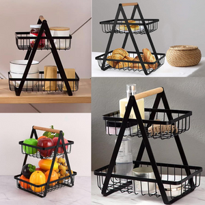 Cos pentru Fructe, 2 Niveluri, Maner de Lemn, Usor de Instalat, din Metal, Negru