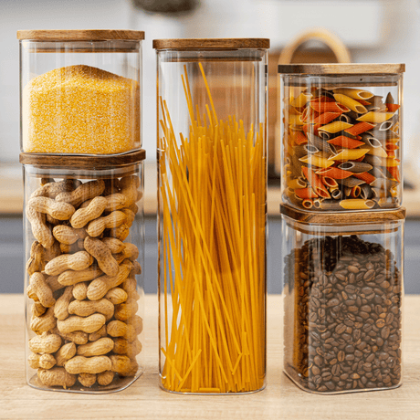 Set of 5 Food Storage Containers, Glass, Leakproof Lids Made of Bamboo/Acacia Wood