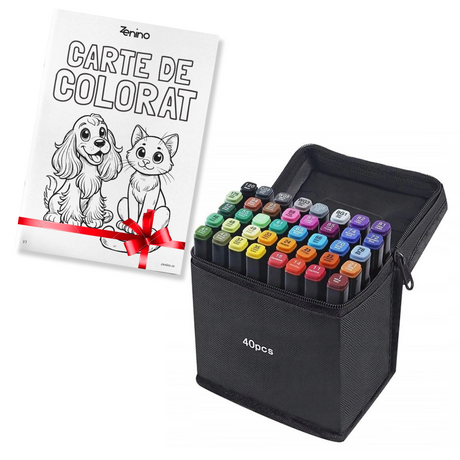 Set Markere + Carte de Colorat CADOU, Varf Dublu, Culori Intense, Geanta de Depozitare, Multicolor