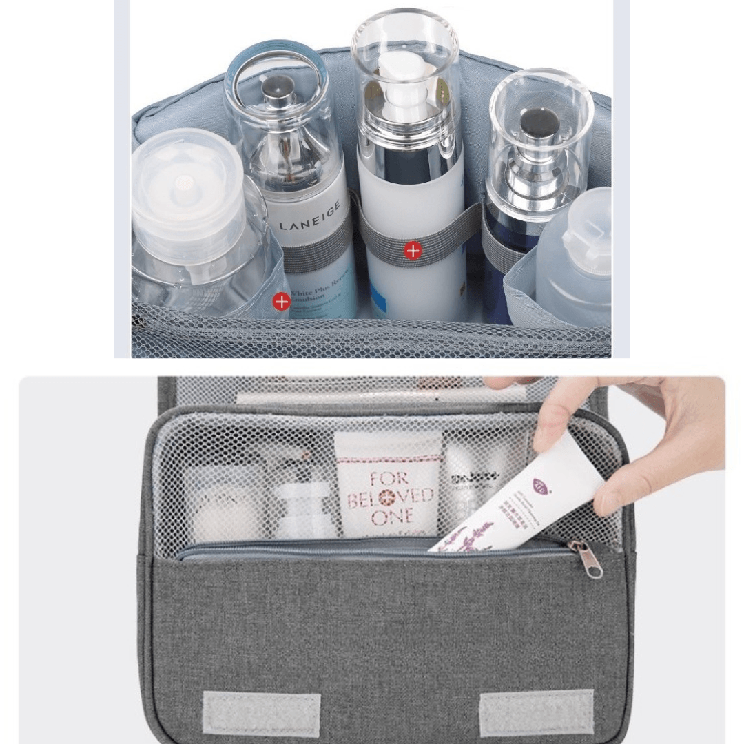 Cosmetic Bag, for Travel, 3 Compartments, Waterproof, Hangers, Textile Material, Gray