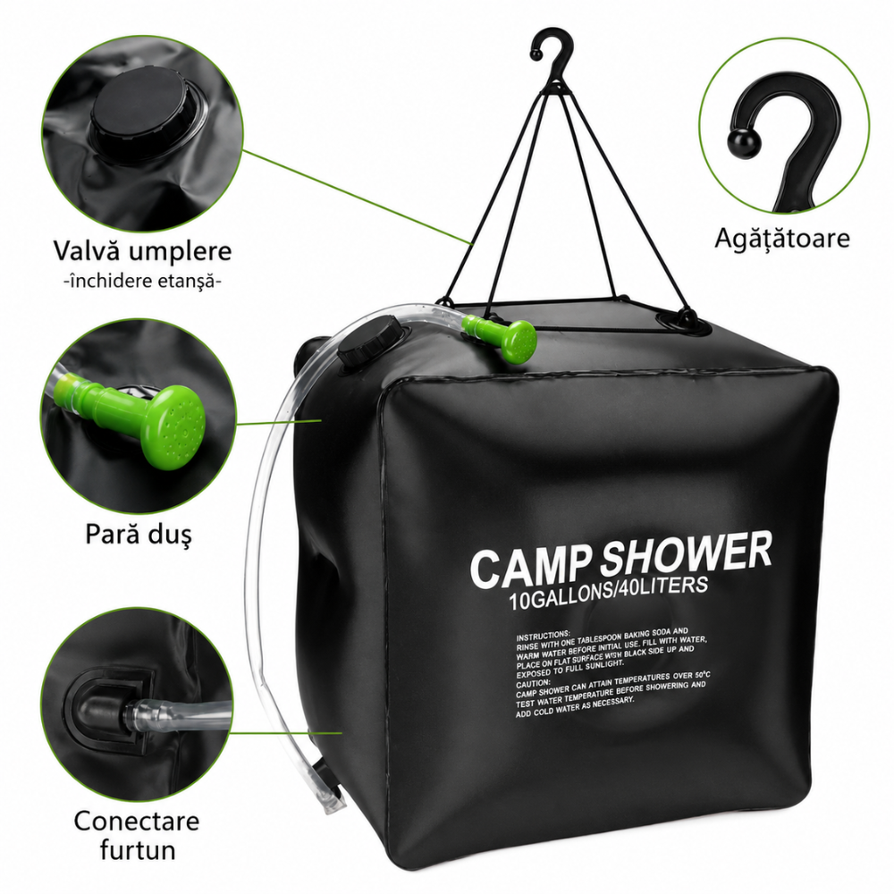 Portable Solar Heated Shower, for Camping, 20/40L, Leakproof Closure, Hanging Handle, Easy to Fill, Black