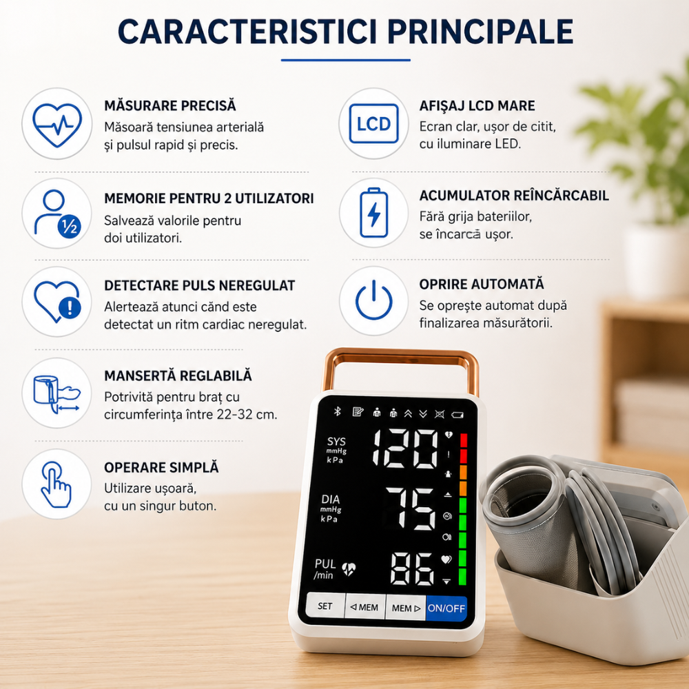 Tensiometru Electronic, Afisaj LCD, Circumferinta Brat 22-32cm, Oprire Automata
