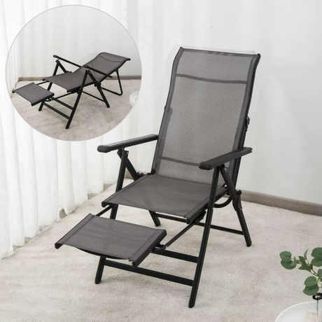 2in1 Garden Chair, Chaise Lounge Type, Footrest, Foldable, Metal Frame, Teslin Fabric, Black