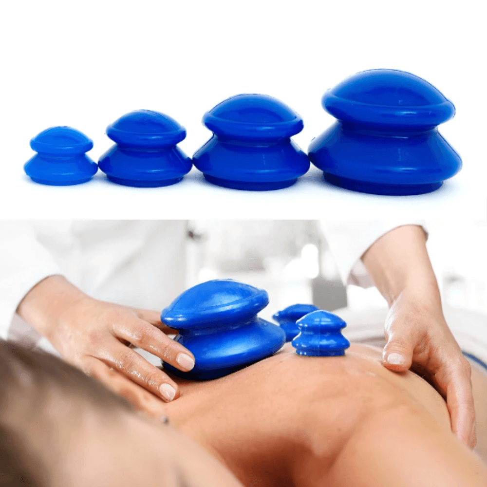 Set of 4 Massage Cupping Cups, Therapeutic, Anti-Cellulite, Relaxation, Soft Silicone, Transparent/Blue