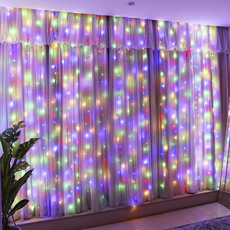 Christmas Installation, Curtain Type, LED Bulbs, 8 Light Effects, Transparent Wire, 1.5m Extension Cord, Warm White, Cold White, Multicolor