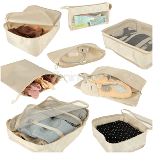 Set of 8 Luggage Organizers, Shoe Bag, Makeup Bag, Waterproof Material, Zipper Closure, for Travel, Gray, Cream