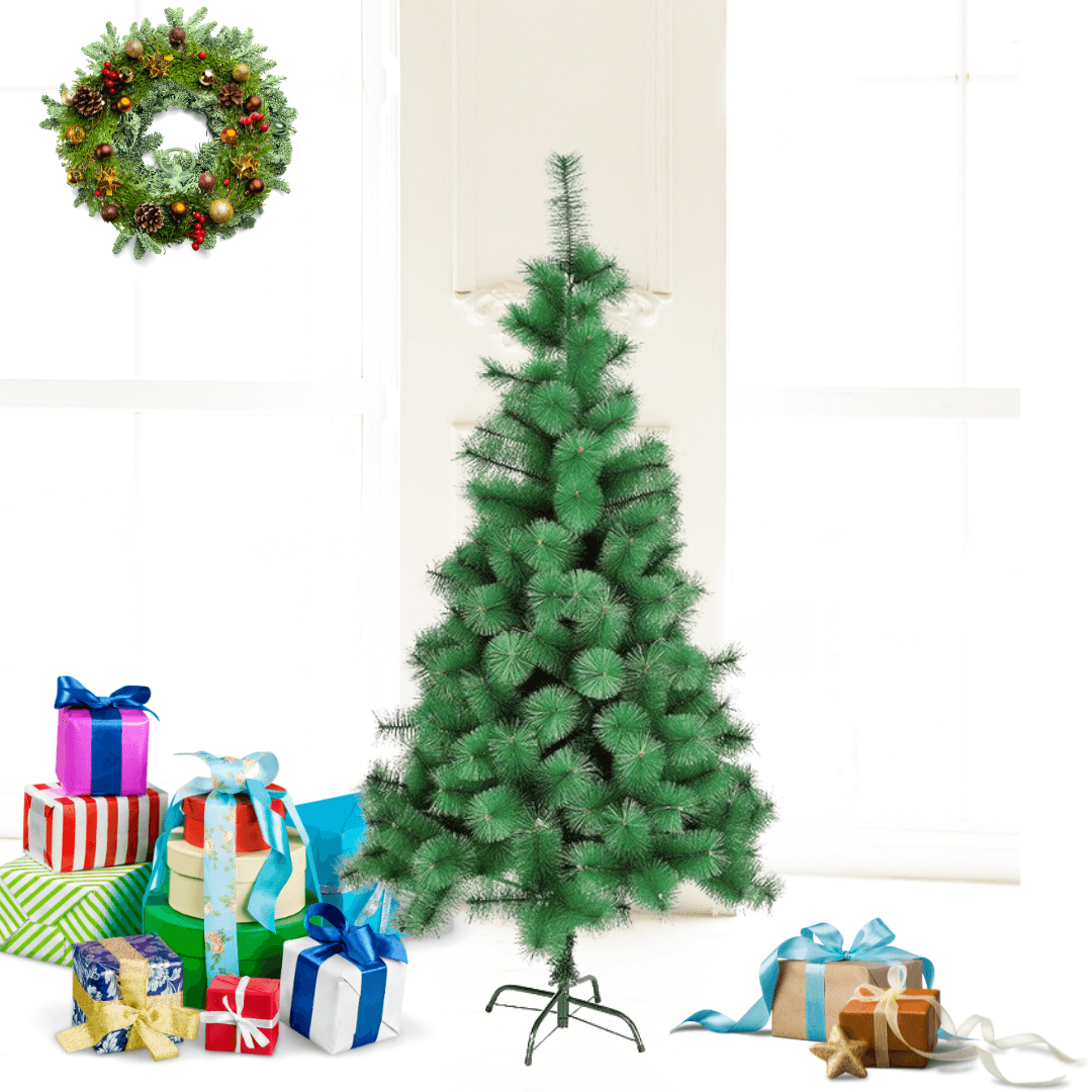 Christmas Tree, Pine Model, Artificial, Bushy Branches, Metal/Plastic Stand, Easy to Install, Green