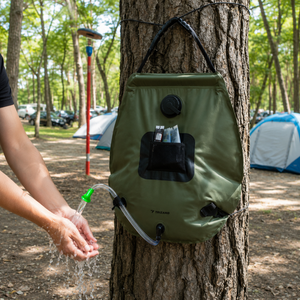 Portable Solar Heated Shower for Camping, 20L, with Thermometer, Leakproof Closure, Hanging Handle, Green