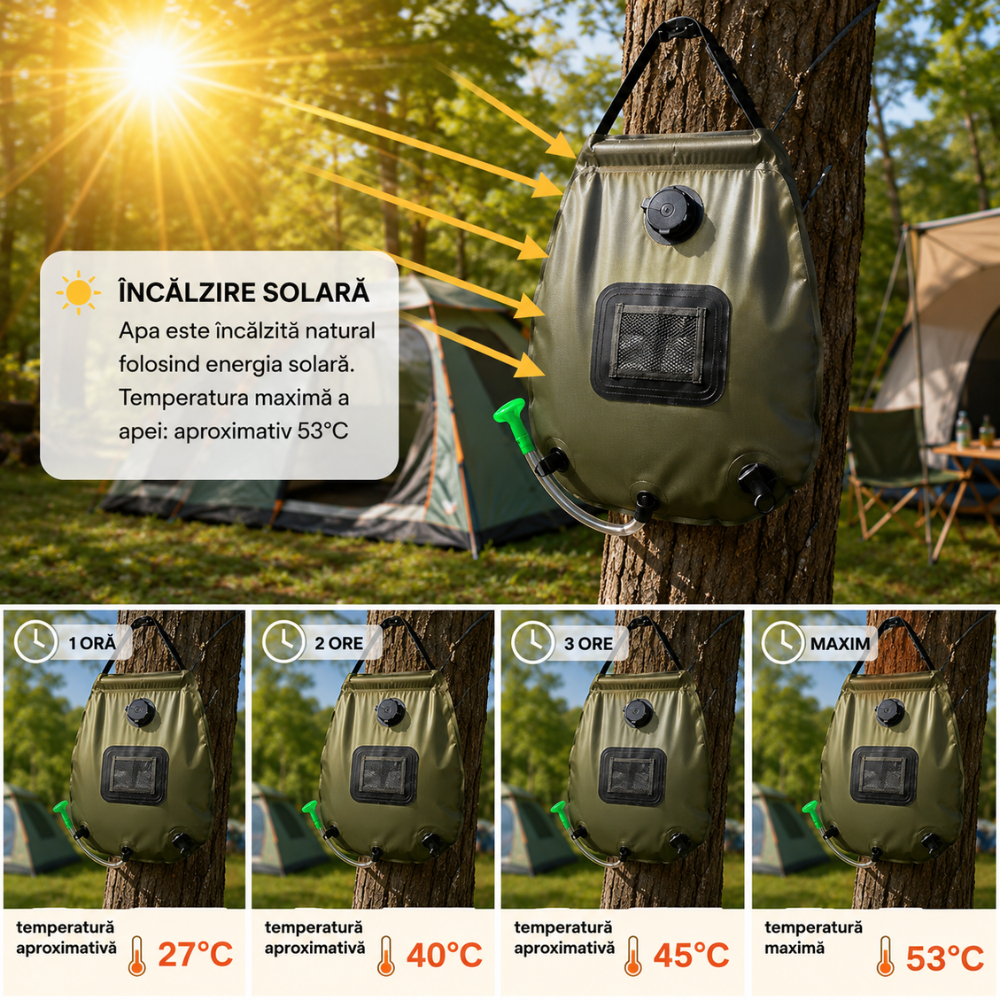 Portable Solar Heated Shower for Camping, 20L, with Thermometer, Leakproof Closure, Hanging Handle, Green