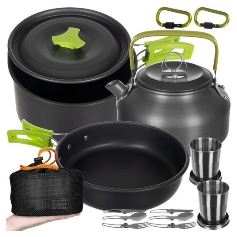 Zenino Camping Cooking Set - 9 Pieces, Non-Stick Surface, Pot, Pan, Accessories Included, Portable, Anodized Aluminum, Gray