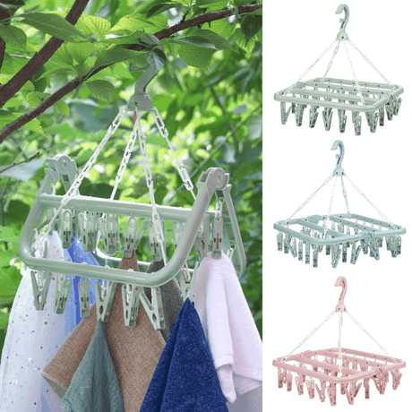 Clothes Dryer, with 32 Hooks, for Socks, Baby Clothes, Foldable, 360 Rotation, with Hangers, 32x32cm, Pink, Blue, Green