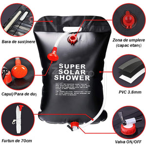 Portable Shower 20L with Solar Heating, for Camping, Hose with Faucet, Watertight Closure, Hanging Handle, Black