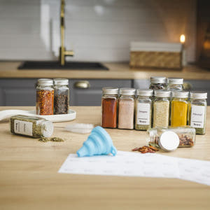Spice Container Set, Aluminum/Wooden Lid, 96 White Labels in Romanian, 12-24 Salt Shakers, Funnel, Marker, 110ml, Bottle