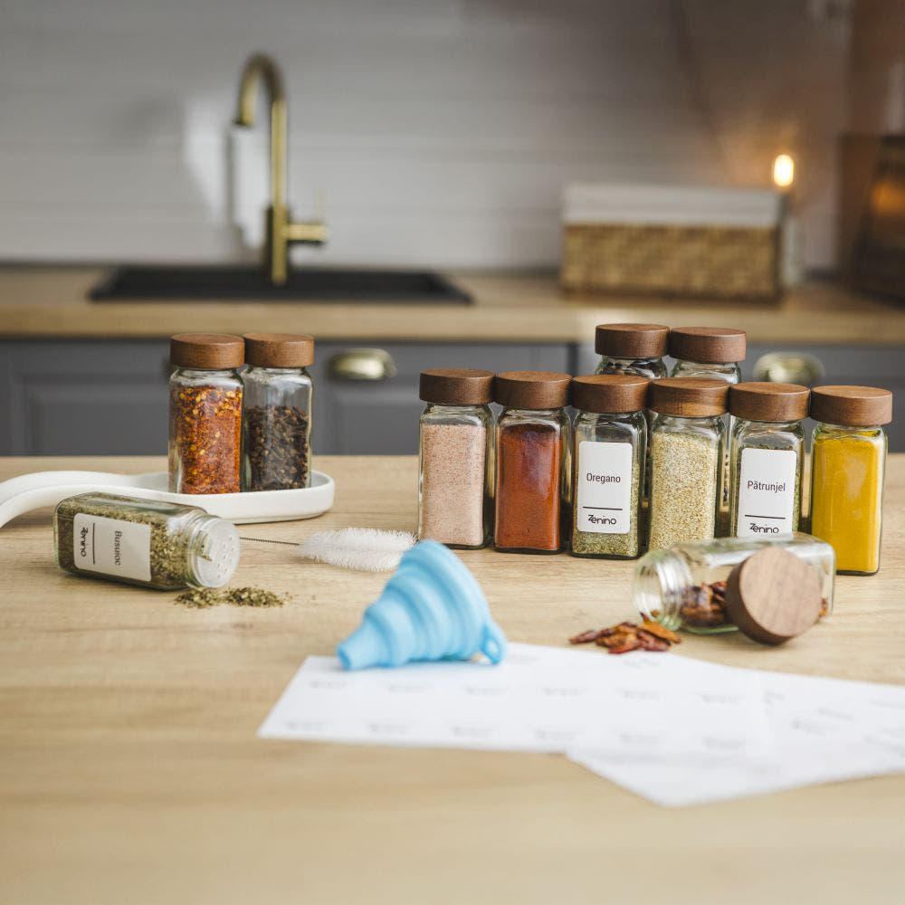 Spice Container Set, Aluminum/Wooden Lid, 96 White Labels in Romanian, 12-24 Salt Shakers, Funnel, Marker, 110ml, Bottle