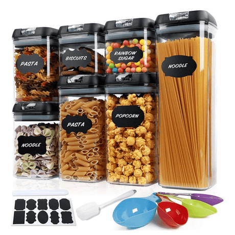 Set of 7 Food Storage Containers, Leakproof Closure, Reusable Labels, Measuring Cups, 4 Different Sizes, Hard Plastic, Transparent