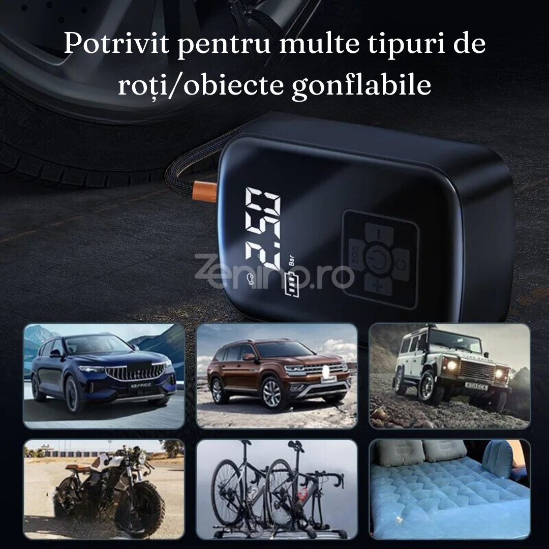 Compresor Electric Wireless, Baterie 2000mAh, 150 PSI, Afisaj Digital, Pentru Anvelope si Mingi, 12.7x8.5cm, Negru