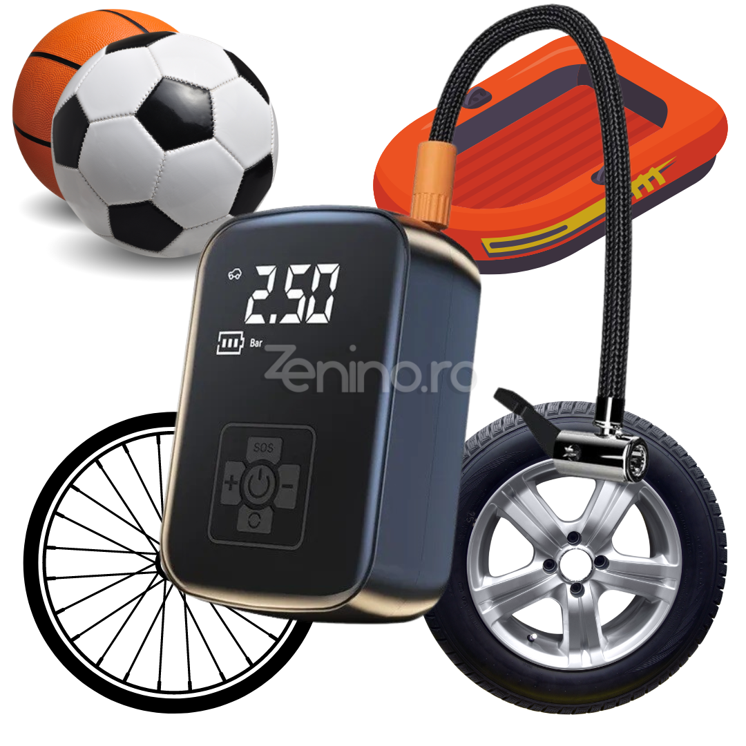 Compresor Electric Wireless, Baterie 2000mAh, 150 PSI, Afisaj Digital, Pentru Anvelope si Mingi, 12.7x8.5cm, Negru