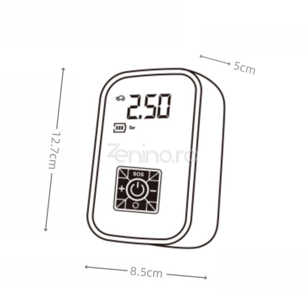 Compresor Electric Wireless, Baterie 2000mAh, 150 PSI, Afisaj Digital, Pentru Anvelope si Mingi, 12.7x8.5cm, Negru