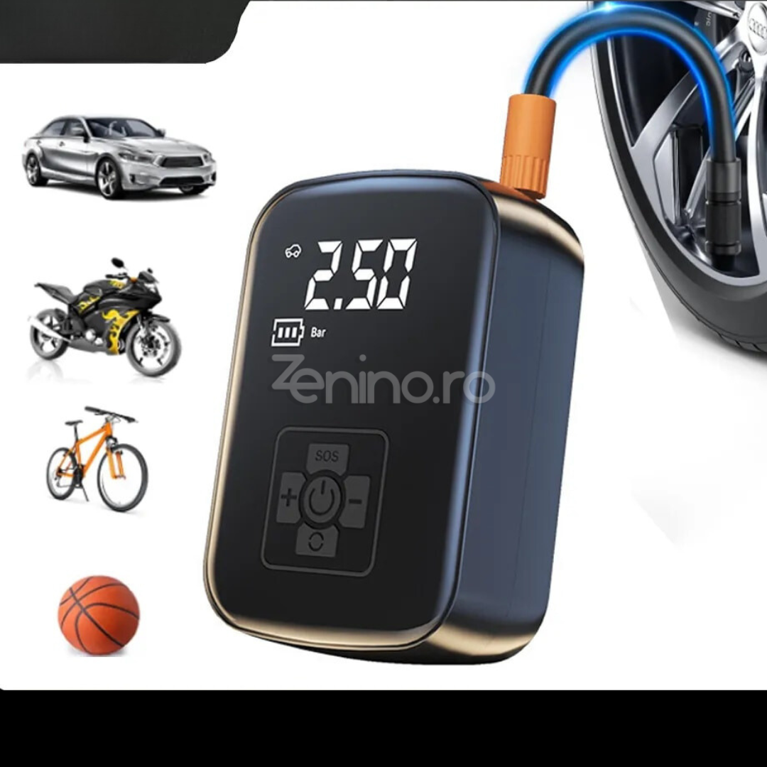 Compresor Electric Wireless, Baterie 2000mAh, 150 PSI, Afisaj Digital, Pentru Anvelope si Mingi, 12.7x8.5cm, Negru