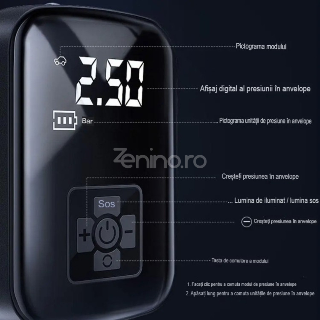 Compresor Electric Wireless, Baterie 2000mAh, 150 PSI, Afisaj Digital, Pentru Anvelope si Mingi, 12.7x8.5cm, Negru