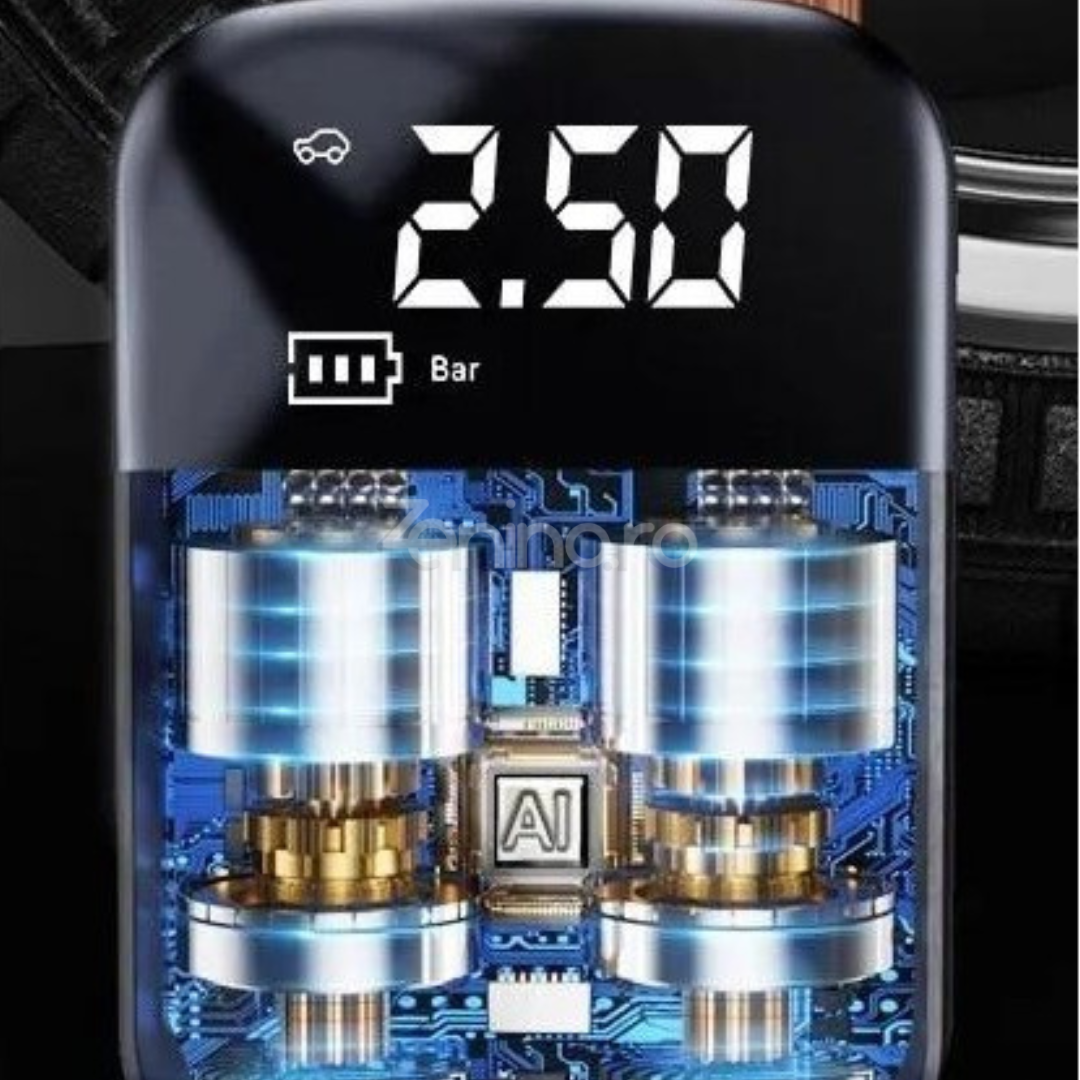 Compresor Electric Wireless, Baterie 2000mAh, 150 PSI, Afisaj Digital, Pentru Anvelope si Mingi, 12.7x8.5cm, Negru