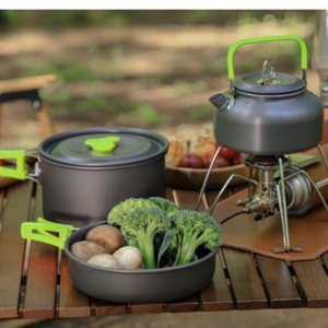 Zenino Camping Cooking Set - 9 Pieces, Non-Stick Surface, Pot, Pan, Accessories Included, Portable, Anodized Aluminum, Gray