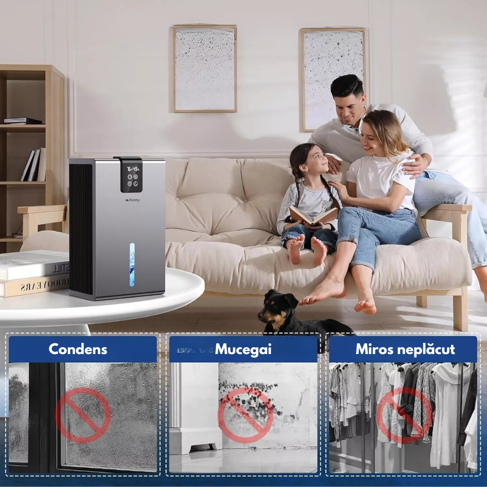 Dezumidificator Aer, 90W, 1000ml/zi, 2 Programe, Lumini Ambientale, Silentios