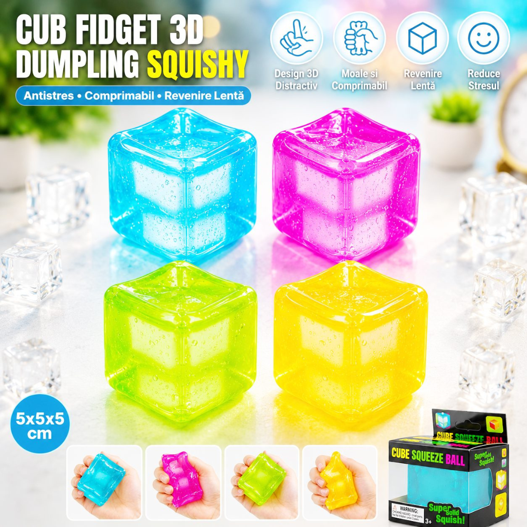 Jucarie Squishy tip Needoh, Forma Cub, Antistres Senzoriala, 5x5cm