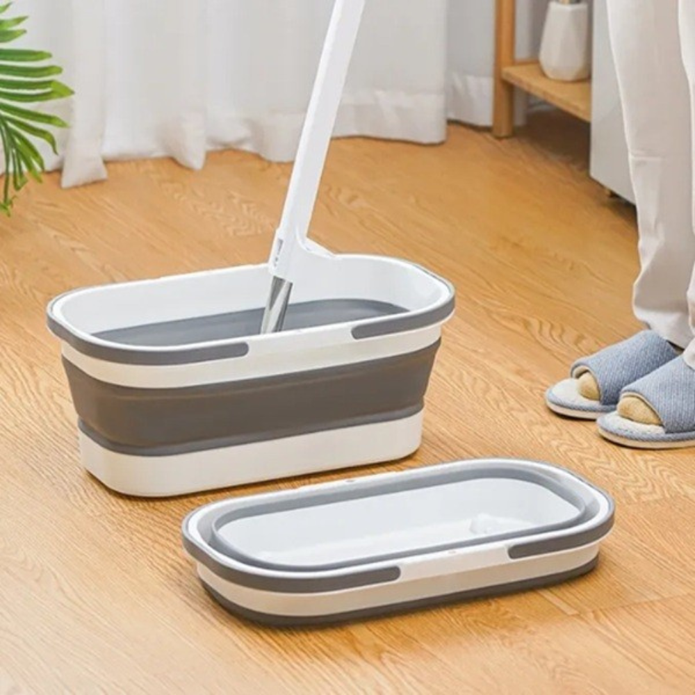 Mop Plat cu Galeata Pliabila, Sistem Stoarcere, 2 Rezerve Microfibra, Tija Telescopica