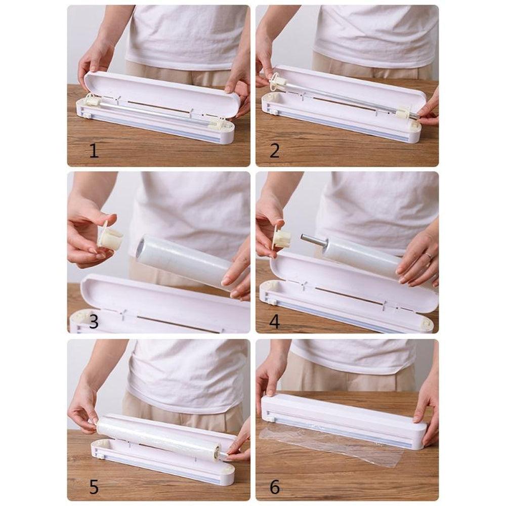 Cling Film Dispenser, Manual, Cutting Blade, Sliding Button, Suction Cups, 37cmx6.5cmx5cm, White