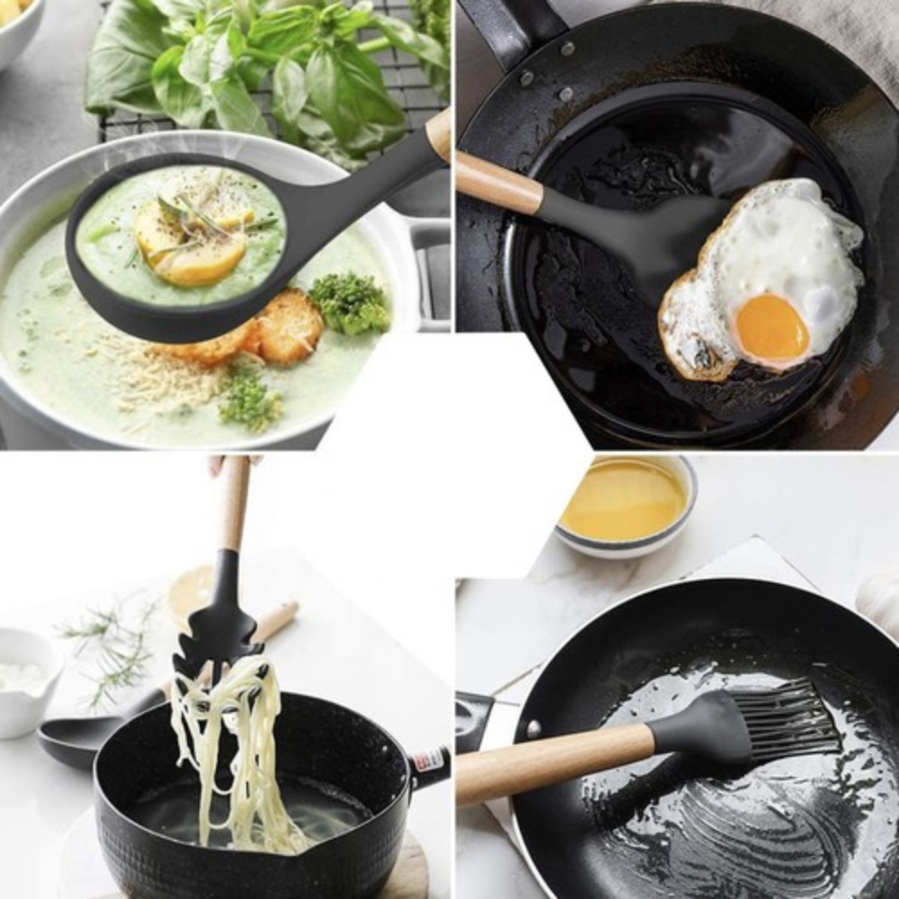 Set 12 Ustensile Bucatarie, Silicon si Lemn, Material Flexibil, Anti-Zgarierturi, Suport Inclus