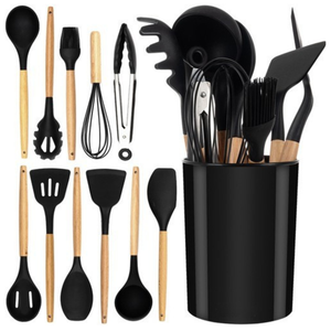 Set 12 Ustensile Bucatarie, Silicon si Lemn, Material Flexibil, Anti-Zgarierturi, Suport Inclus