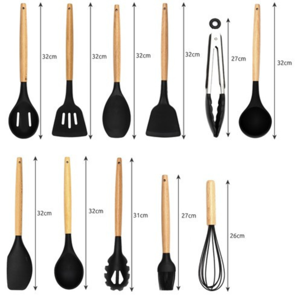 Set 12 Ustensile Bucatarie, Silicon si Lemn, Material Flexibil, Anti-Zgarierturi, Suport Inclus