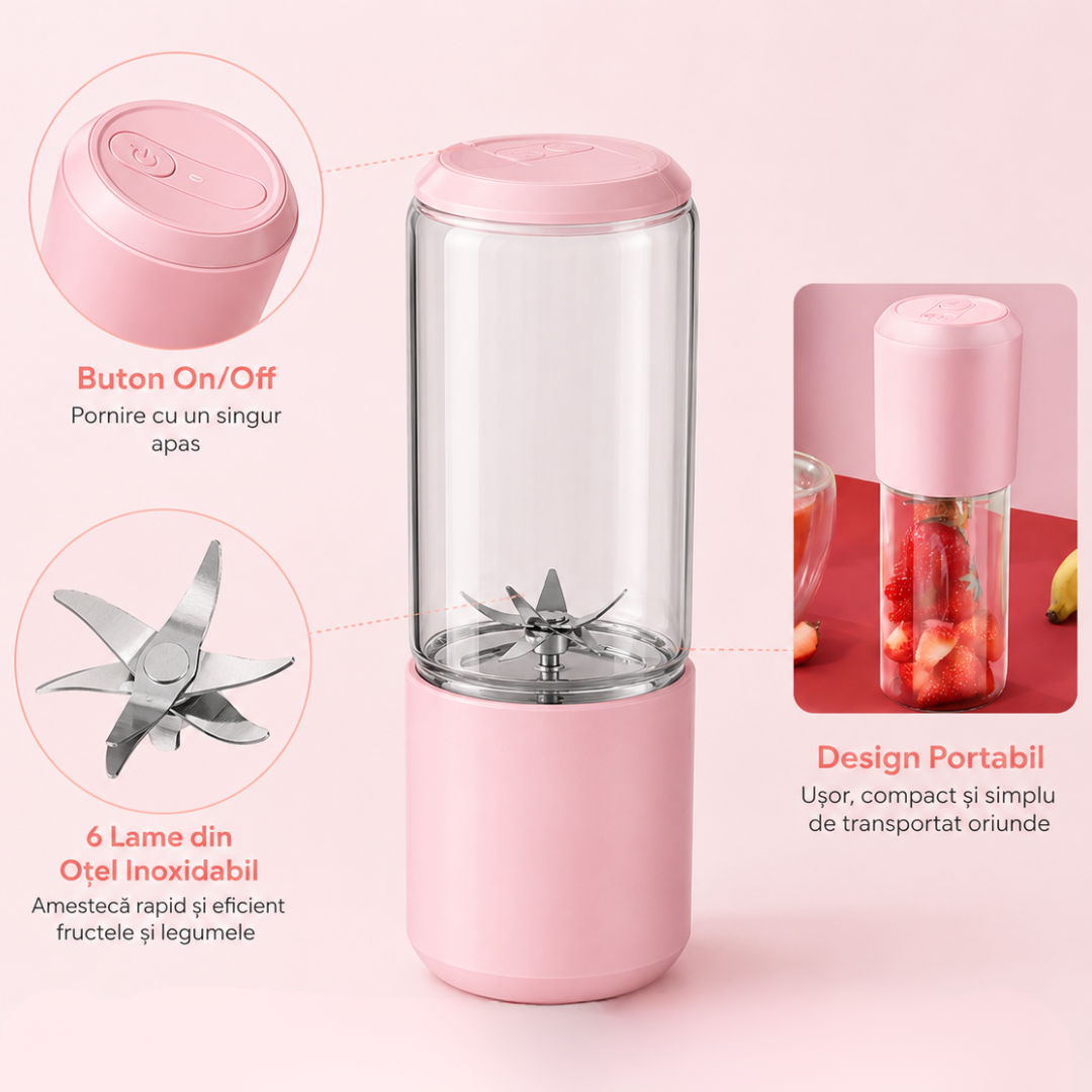 Mini Blender Portabil 400ml, 150W, Baterie Reincarcabila, Lame din Otel Inoxidabil