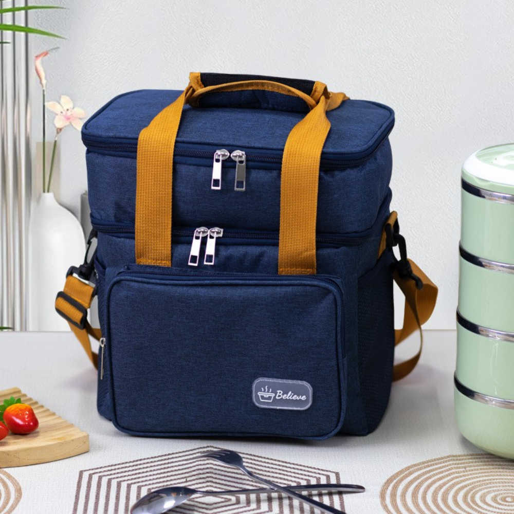 Thermal Lunch Bag, 2 Compartments, Waterproof, Side Pockets, Shoulder Strap, 25.5x18x30cm