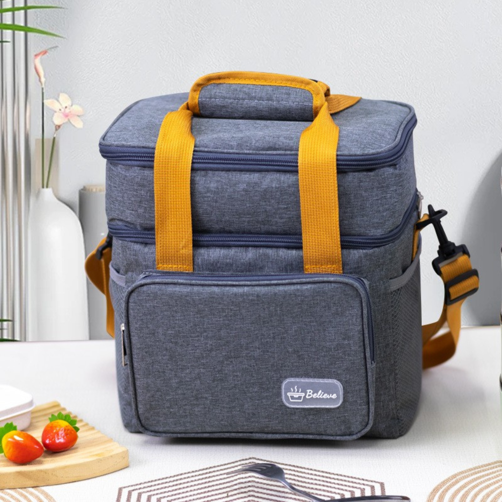 Thermal Lunch Bag, 2 Compartments, Waterproof, Side Pockets, Shoulder Strap, 25.5x18x30cm