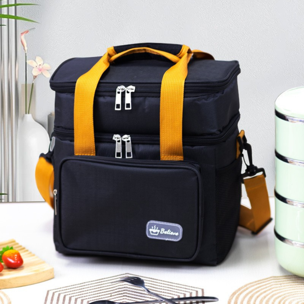 Thermal Lunch Bag, 2 Compartments, Waterproof, Side Pockets, Shoulder Strap, 25.5x18x30cm