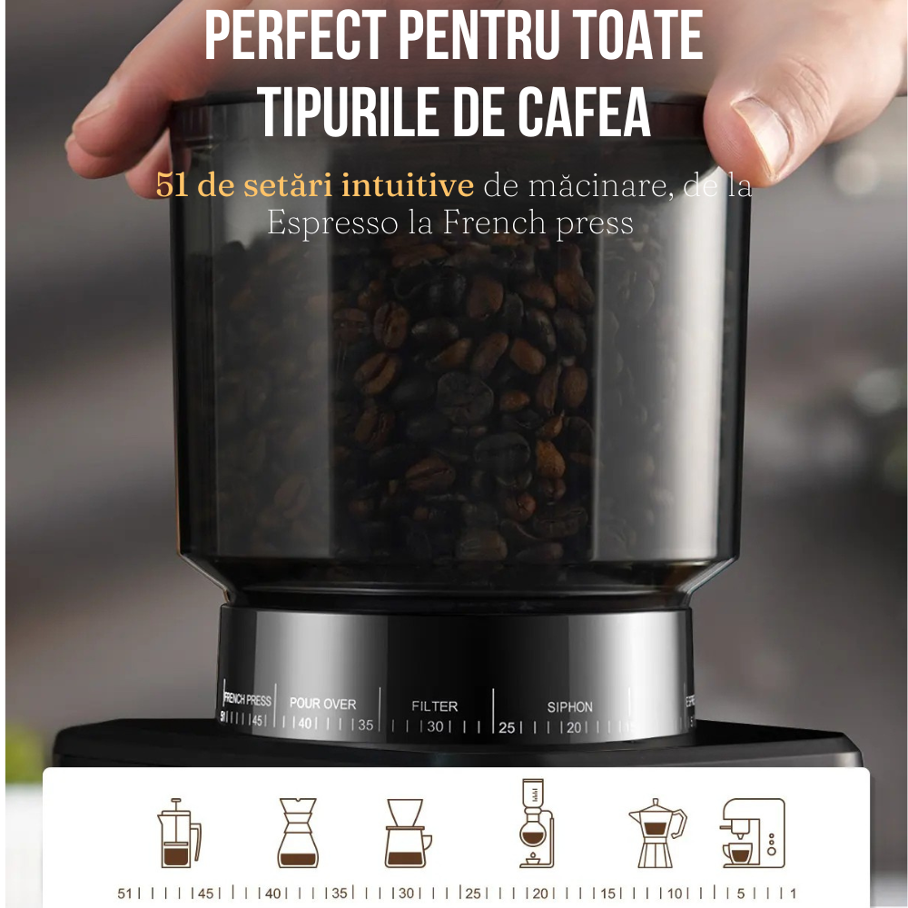 Rasnita Electrica Cafea, 51 Niveluri de Macinare, Ecran Digital, Control Tactil, Suport Portafiltru, Lame Titan