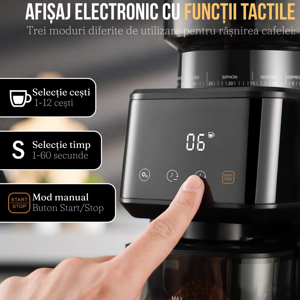 Rasnita Electrica Cafea, 51 Niveluri de Macinare, Ecran Digital, Control Tactil, Suport Portafiltru, Lame Titan