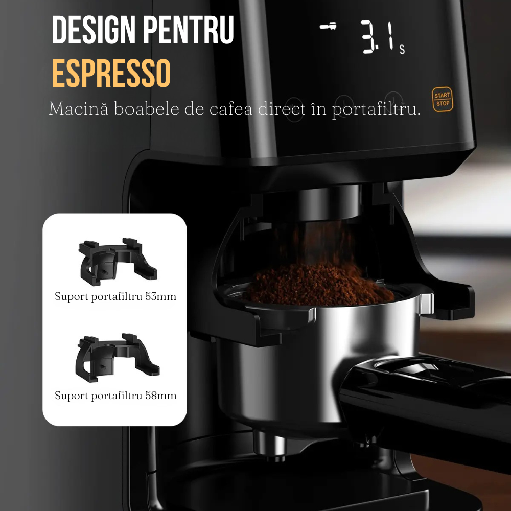 Rasnita Electrica Cafea, 51 Niveluri de Macinare, Ecran Digital, Control Tactil, Suport Portafiltru, Lame Titan
