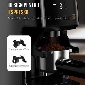 Rasnita Electrica Cafea, 51 Niveluri de Macinare, Ecran Digital, Control Tactil, Suport Portafiltru, Lame Titan