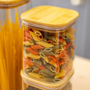 Set of 5 Food Storage Containers, Glass, Leakproof Lids Made of Bamboo/Acacia Wood