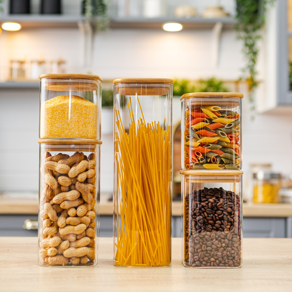 Set of 5 Food Storage Containers, Glass, Leakproof Lids Made of Bamboo/Acacia Wood