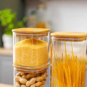 Set of 5 Food Storage Containers, Glass, Leakproof Lids Made of Bamboo/Acacia Wood