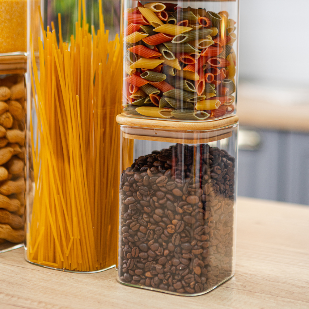 Set of 5 Food Storage Containers, Glass, Leakproof Lids Made of Bamboo/Acacia Wood