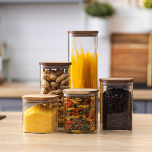 Set of 5 Food Storage Containers, Glass, Leakproof Lids Made of Bamboo/Acacia Wood