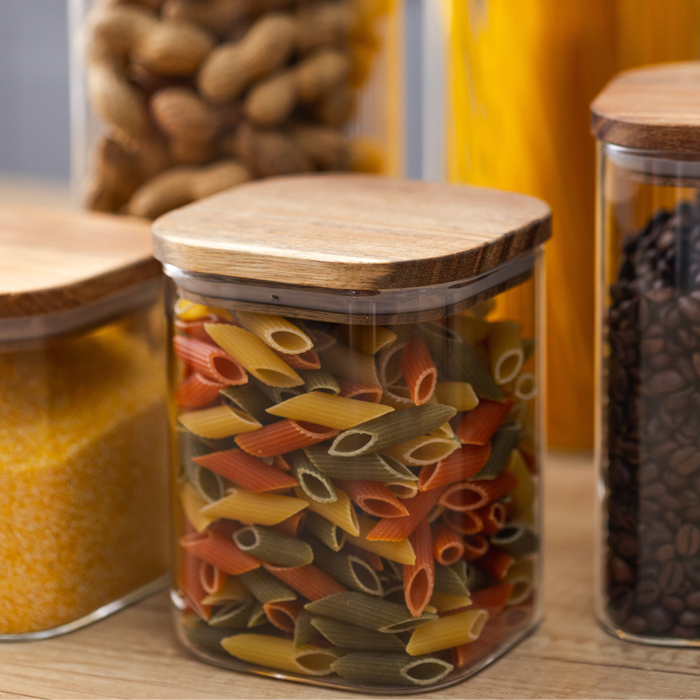Set of 5 Food Storage Containers, Glass, Leakproof Lids Made of Bamboo/Acacia Wood
